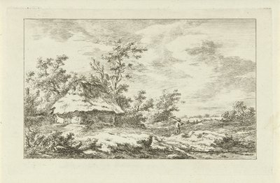 Man med kratta vid en lada Landscapes (A-F) (serietitel) av Carel Lodewijk Hansen