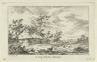 Man med kratta vid en lada För högt Haale i Drenthe (titel på objekt) Landscapes (A-F) (serietitel) av Carel Lodewijk Hansen