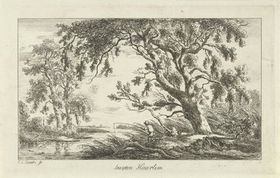 Fiskare i ett flodlandskap Buyten Haarlem (titel på objekt) Landskap (a-f) (serietitel) av Carel Lodewijk Hansen