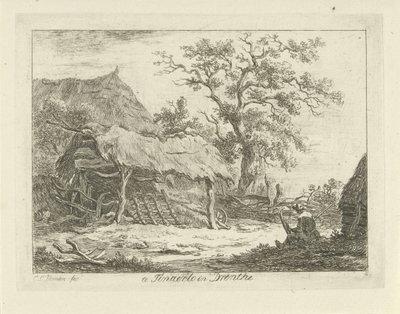 Sittande figur vid en lada Te Tinaerlo i Drenthe (titel på objekt) Landskap (1-6) (serietitel) av Carel Lodewijk Hansen