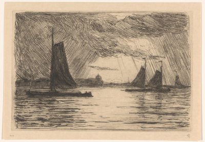 Utsikt över Maas nära Dordrecht på natten av Carel Nicolaas Storm van 