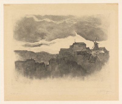 Stad med en kvarn på en kulle av Carel Nicolaas Storm van 