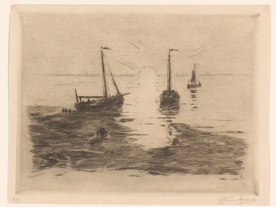 Havslandskap med segelbåtar och solnedgång Solnedgång (titel på objekt) av Carel Nicolaas Storm van 