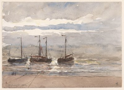Fiskefartyg på stranden i Katwijk vid stigande tidvatten av Carel Nicolaas Storm van 