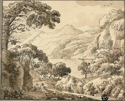 Bergssjö med två figurer av Carl August Lebschee