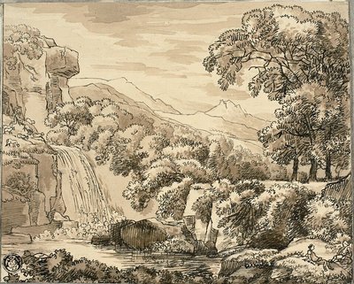 Bergslandskap med vattenfall och figurer av Carl August Lebschee