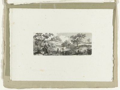 Resenärer vid en bäck i ett kuperat landskap Sexton landskap (serietitel) av Carl August Lebschee