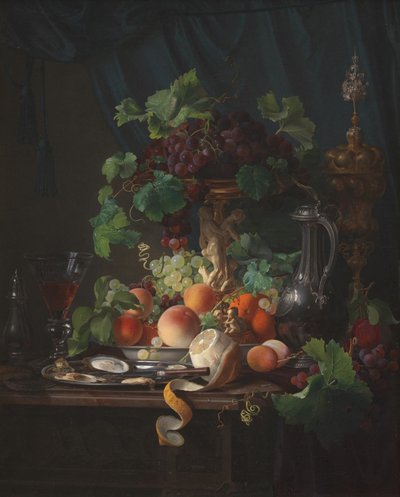 Arrangemang med vinglas, ostron, citron och andra frukter av Carl Balsgaard