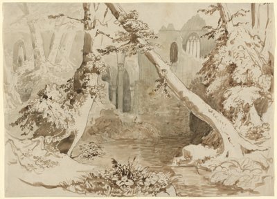 En ruinerad kyrka i skogen av Carl Blechen