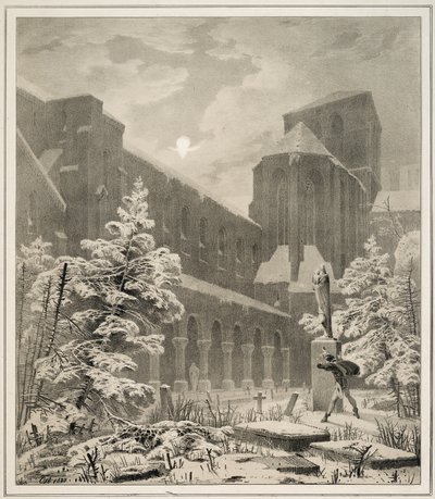 Kyrka och kyrkogård i snön vid månsken av Carl Blechen