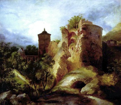 Tyska: Der gesprengte Turm des Heidelberger Schlosses Det blåsta tornet på Heidelbergs slott av Carl Blechen