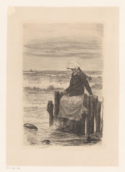 Dam som sitter på en brygga vid vattnet av Carl Bloch