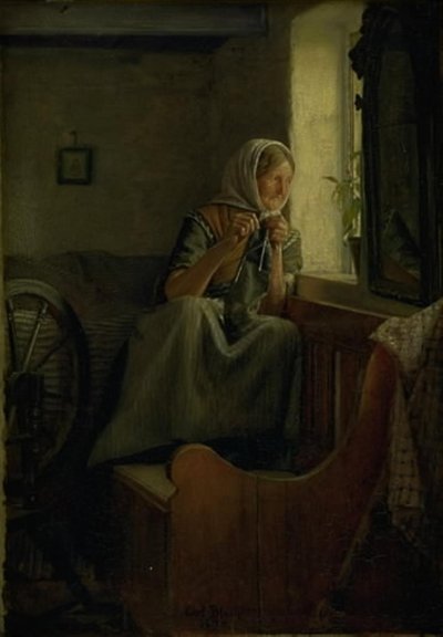 En gammal bondhustru tittar ut genom ett fönster av Carl Bloch