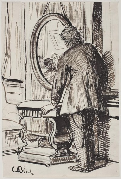 En ung man tittar på tre kvinnor i en spegel av Carl Bloch