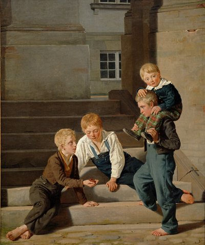 Unga pojkar spelar tärning framför Christiansborgs slott, Köpenhamn, 1834 av Carl Christian Constantin Hansen