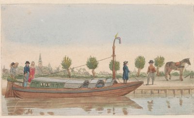 Bogserpråm, 1824 En hollandsche vandring eller Jaagschuit / Une barque de tracte, servante au transport de voyageurs et marchandises en hollande (titel på objektet) av Carl Cristiaan Fuchs