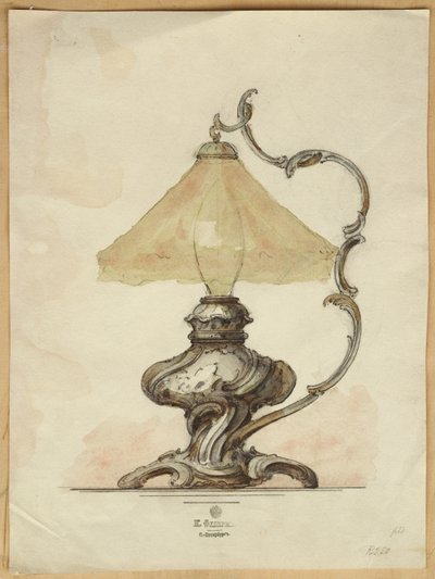 Teckning på en bordslampa i silver med tvinnad räfflad kropp i rokokostil, House of Carl Faberge av Carl Fabergé