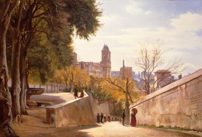 Utsikt över Viale Trinità dei Monti med Villa Medicis fontän, sett från Via di San Sebastianello, Rom av Carl Frederick Aagaard