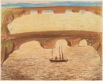 Lange Steinbrücken über Fluss mit einem Schiff av Carl Fredrik Hill