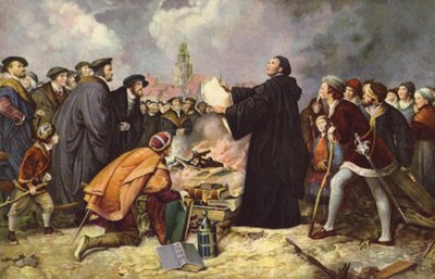 Martin Luther bränner den påvliga tjuren 1520 (färg litho) av Carl Friedrich (after) Lessing