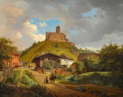 Hilgartsbergs slottsruin och utsikt över Hofmark vid Donau. 1829 av Carl Friedrich Heinzmann