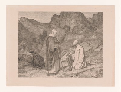Två munkar nära ett beskuret träd i ett bergslandskap av Carl Friedrich Lessing