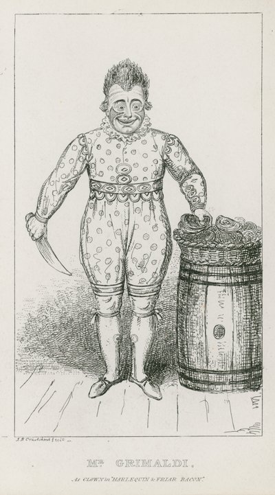 Mr Joseph Grimaldi som clown i Harlequin and Friar Bacon av Carl Georg Adolph Hasenpflug