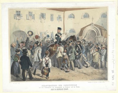 Författningsproklamation på nationalgardets mötesplats i Freihaus (Fria huset) på Wieden den 15 mars 1848 (färglitografi) av Carl Goebel
