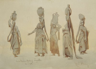 Kvinnliga vattenbärare, Nazareth, 1859 (penna och tvätt på papper) av Carl Haag