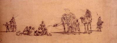 Figurer och kameler i öknen (penna på kalkerpapper på kort) av Carl Haag