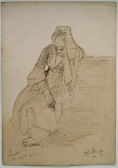 Studie av en sittande dam, Nasaret, 1859 (penna och wc-tvätt på papper) av Carl Haag
