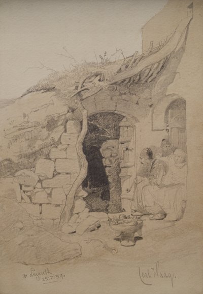 Tre figurer som sitter utanför ett hus, Nasaret, 1859 (penna och tvätt på papper) av Carl Haag