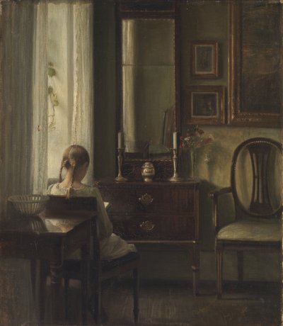 Interiör med en flicka som läser av Carl Holsoe