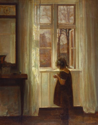 En flicka som står vid ett fönster (olja på duk) av Carl Holsoe