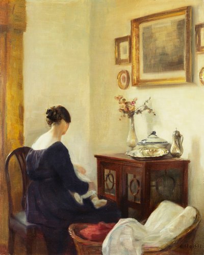 En mor och ett barn i en interiör (olja på duk) av Carl Holsoe