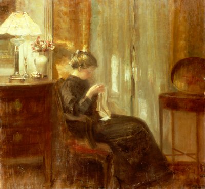 En kvinna som syr i en interiör (olja på panel) av Carl Holsoe
