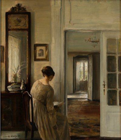 Föreläsning. La femme du peintre - Läsning. Målarens fru - Carl Holsoe (1863-1935). Olja på duk Mått: 58x52 cm Privat samling av Carl Holsoe