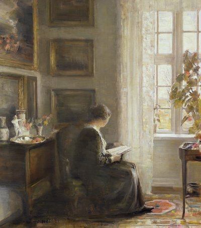 Läser vid ett soligt fönster av Carl Holsoe
