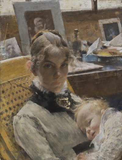 A Studio Idyll: The Artists Wife and their Daughter Suzanne, 1885 (pastell) av Carl Larsson