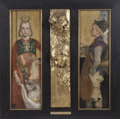 En svensk saga, diptyk med reliefpanel och ram, 1897 (olja på duk och förgylld trärelief) av Carl Larsson