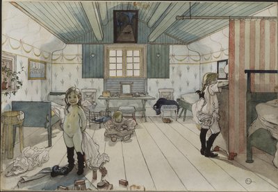 Chambre de petites filles - Litet flickrum, av Larsson, Carl (1853-1919). Akvarell på papper. Mått: 32x43 cm. Nationalmuseum Stockholm av Carl Larsson