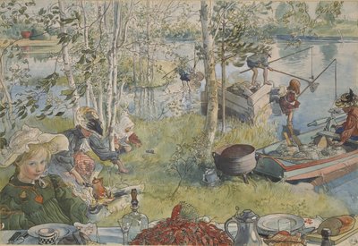 La peche aux ecrevisses - Kräftfiske, av Larsson, Carl (1853-1919). Akrylfärger på papper. Mått: 32x43 cm. Nationalmuseum Stockholm av Carl Larsson