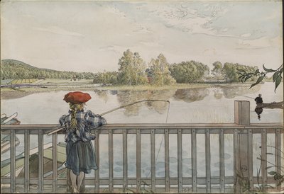 Lisbeth a la peche a la ligne - Lisbeth Angling, av Larsson, Carl (1853-1919). Akvarell och tempera på papper. Mått: 32x43 cm. Nationalmuseum Stockholm av Carl Larsson