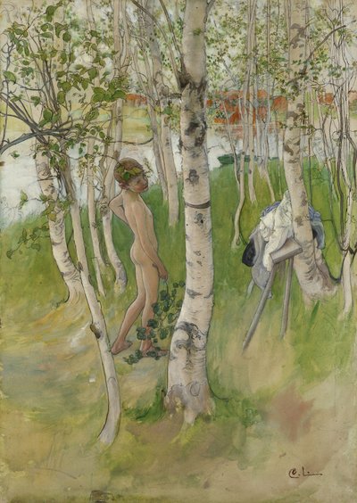 Naken pojke bland björkar, 1898 (wc på papper) av Carl Larsson