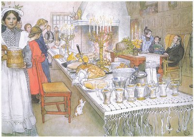 På julafton är det stora långbordet i den stora salen helt täckt av mat (färglitografi) av Carl Larsson