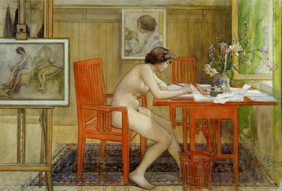 Modellen som skriver ett vykort av Carl Larsson