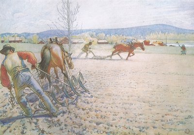 De två männen med sina harvar arbetade metodiskt fram och tillbaka av Carl Larsson