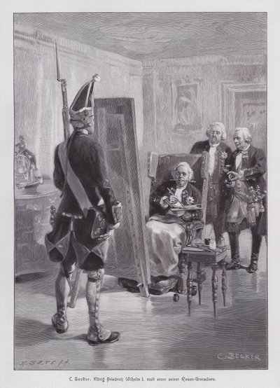 Kung Fredrik Vilhelm I av Preussen målar en grenadjär av hans Potsdamer Riesengarde (Giant Guard of Potsdam) (gravyr) av Carl Ludwig Friedrich (after) Becker
