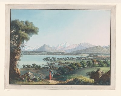 Utsikt över Genève med Mont-Blanc i bakgrunden Utsikt över Mont-Blanc och en del av Genève (titel på objekt) av Carl Ludwig Hackert