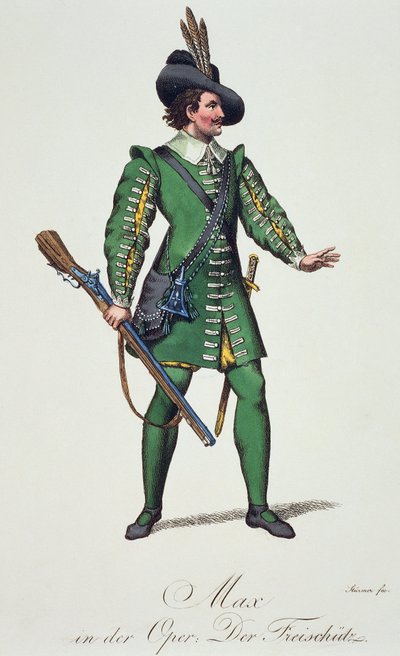 Max, kostymskiss för Der Freischutz (skytten eller friskytten), av Carl Maria von Weber (1786-1826) av Carl Maria von Weber
